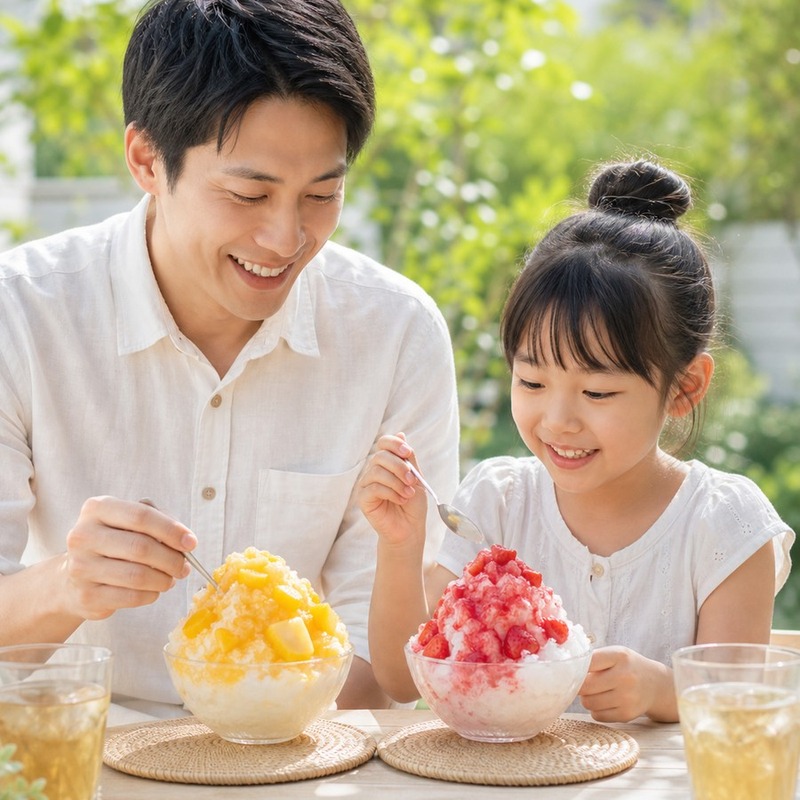 屋外で親子がかき氷を楽しむ様子