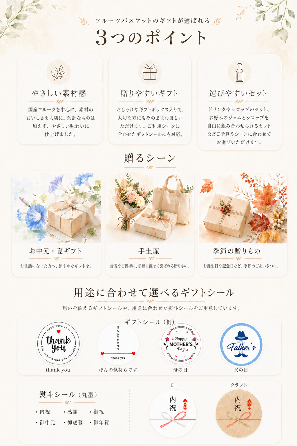 フルーツバスケットのギフトが選ばれる3つのポイント、贈るシーン、用途に合わせて選べるギフトシールと熨斗シールのご案内