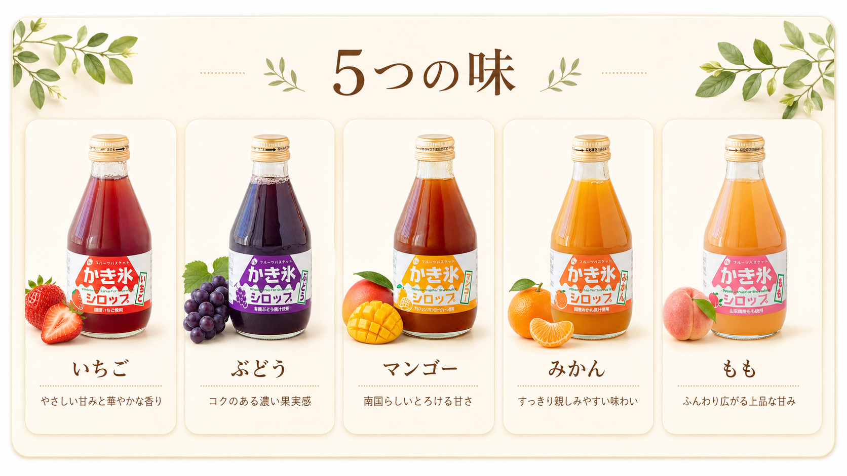 いちご、ぶどう、マンゴー、みかん、ももの5つの味