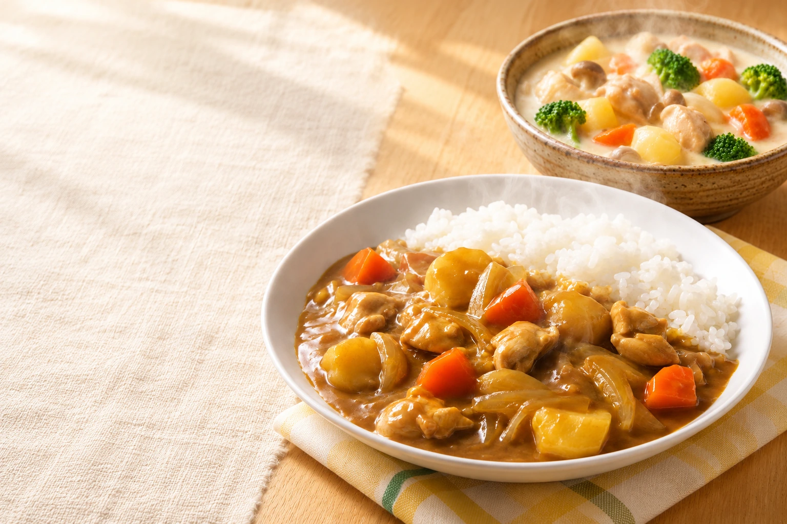 ご飯付きのカレーとクリームシチュウの盛り付け例